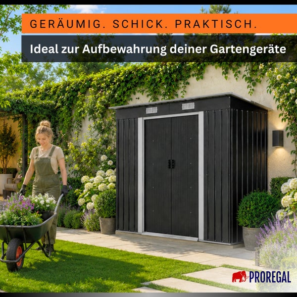 Modernes Gerätehaus aus Metall in einem hellen, gepflegten Garten mit einer Frau und einer Schubkarre mit Blumen. Proregal Logo.