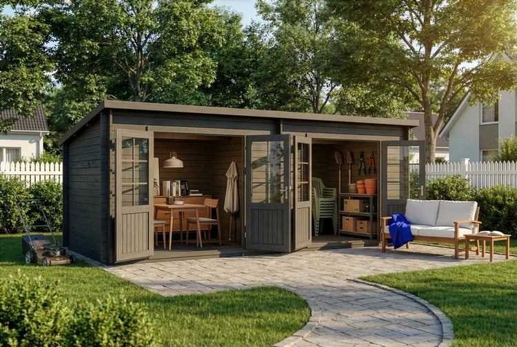 Modernes graues Gartenhaus aus Holz mit Pultdach, zwei Abteilen und verglasten Doppeltüren in einem Garten mit Rasen und gepflastertem Weg.