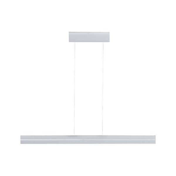 LED-Pendelleuchte aus Metall in Silber, geradlinige Form mit schmaler Lichtleiste und rechteckigem Baldachin.