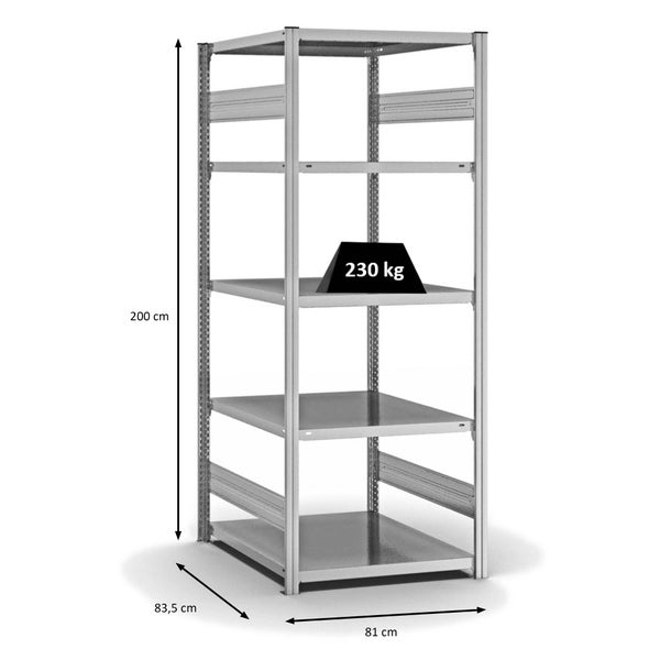 PROREGAL Fachbodenregal Stecksystem T-Profil Medium-Duty Grundregal HxBxT 200 x 75 x 80 cm 5 Ebenen Fachlast 230 kg Beidseitig Nutzbar Verzinkt