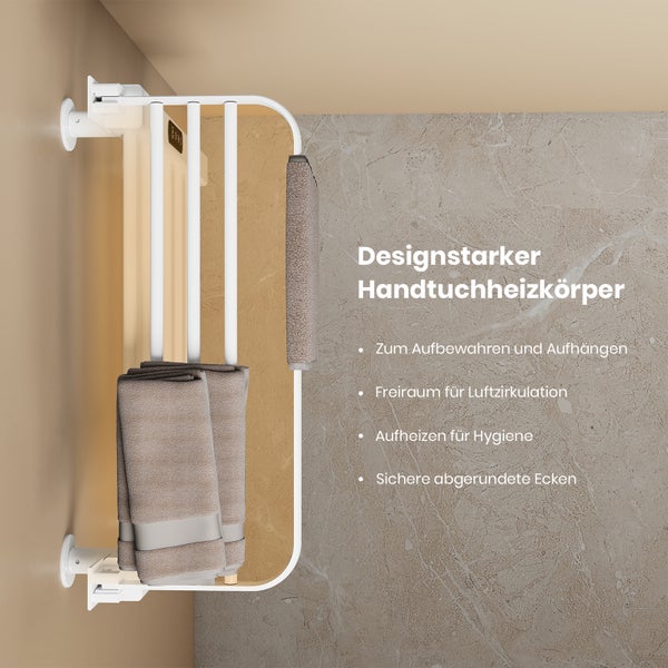 Wandmontierter Handtuchheizkörper mit abgerundeten Ecken und mehreren Sprossen zum Aufhängen von Handtüchern.
