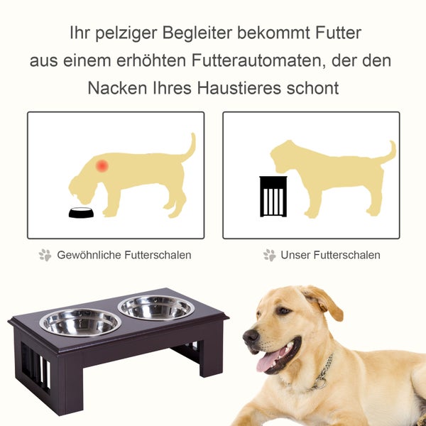Erhöhte Futterstation für Hunde mit zwei Edelstahlnäpfen im Vergleich zu Bodennäpfen zur Entlastung des Nackens.