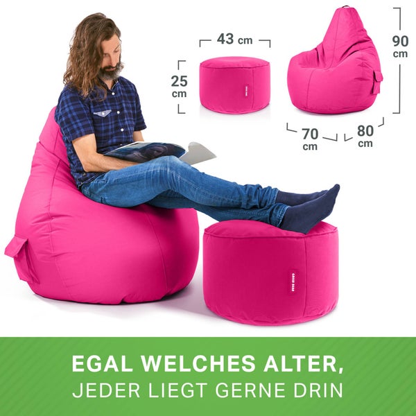 Green Bean 2er Set Sitzsack + Hocker - fertig befüllt - robust waschbar schmutzabweisend - Kinder & Erwachsene Bean Bag Bodenkissen Lounge Sitzhocker Relax-Sessel Gamer Gamingstuhl Pouf - Pink
