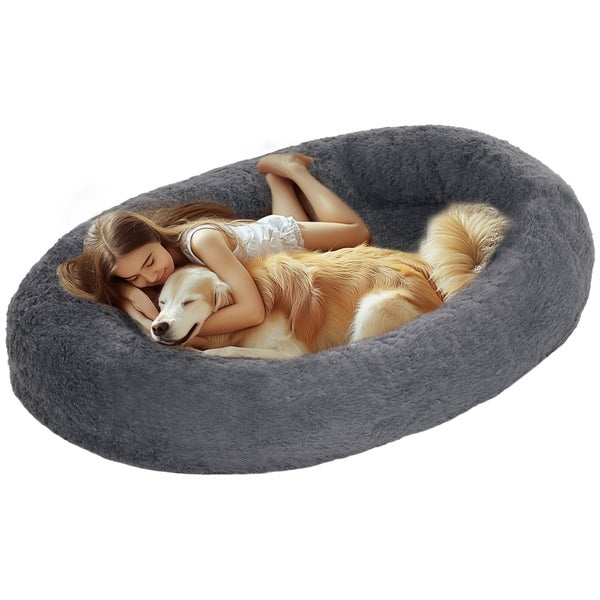 PawHut Hundebett für Menschen Waschbar Katzenbett mit 10 cm dicke Eier-Schaumstoffunterlage, kuschelige Hundekissen mit Haltegriff, 175 x 115 x 35 cm, Plüsch, Dunkelgrau