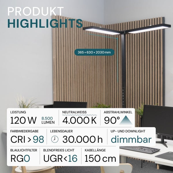 Produkt-Highlights einer dimmbaren Stehleuchte mit einer Leistung von 120 Watt, 8500 Lumen und einer Lebensdauer von 30000 Stunden.
