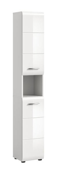Badezimmer-Hochschrank in Weiß Hochglanz mit einer offenen Nische und zwei Türen mit silbernen Griffen.