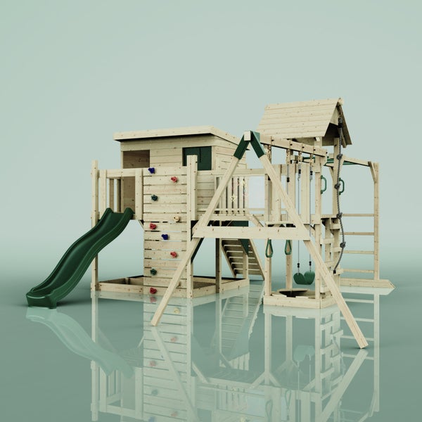 Spielturm aus Holz mit Rutsche, Kletterwand und Schaukel