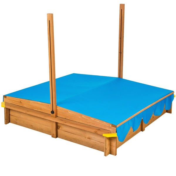 Sandkasten aus Holz mit blauer Abdeckung