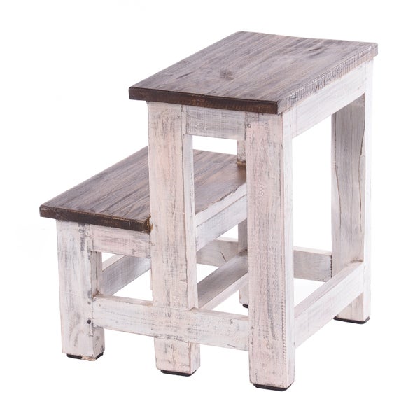 Tritthocker aus Holz mit zwei Stufen im Vintage-Stil, weißes Gestell und dunkle Holzstufen.