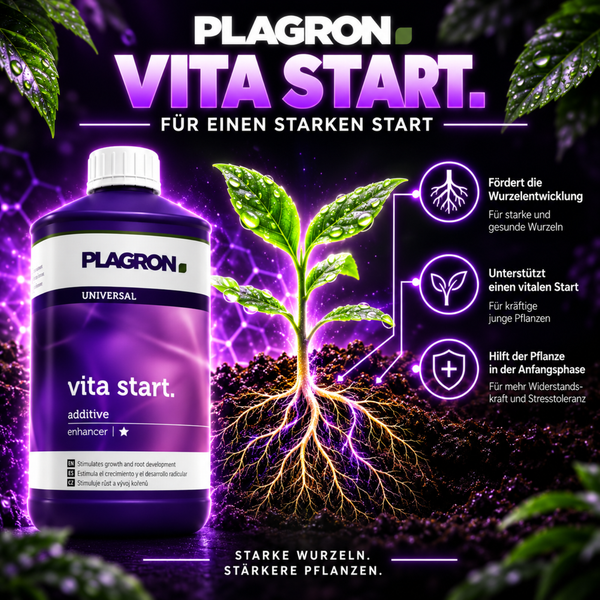 Plagron Vita Start Pflanzendünger für kräftige Wurzeln und gesundes Wachstum junger Pflanzen in einer Flasche dargestellt.
