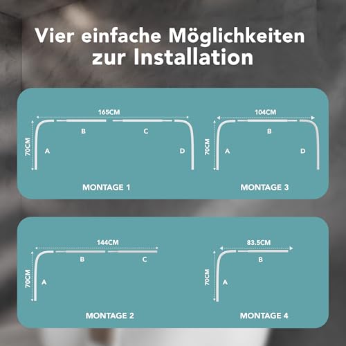 Erica Duschvorhangstange L-form & U-form - 4-in-1 Duschvorhangstange für Badewanne oder Dusche - Duschstange Ecke - Stahl mit Pulverbeschichtung - Ohne Deckenhalterung - Weiß