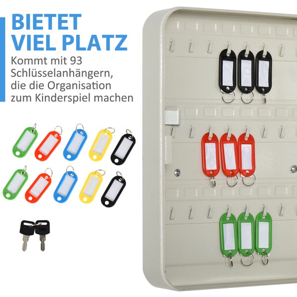 HOMCOM Schlüsselschrank Schlüsselkasten mit 93 Haken, Abschließbare Schlüsselbox aus Stahl, inkl. Befestigung, Cremeweiß, 30 x 24 x 7,5 cm