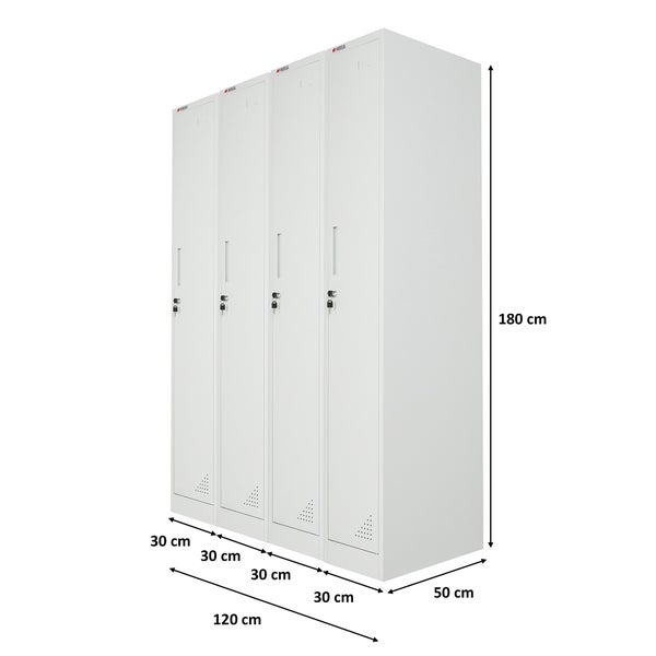 Metallspind mit 4 Abteilen, lichtgrau, Höhe 180 Zentimeter, Breite 120 Zentimeter, Tiefe 50 Zentimeter, Belüftung, Proregal Logo.