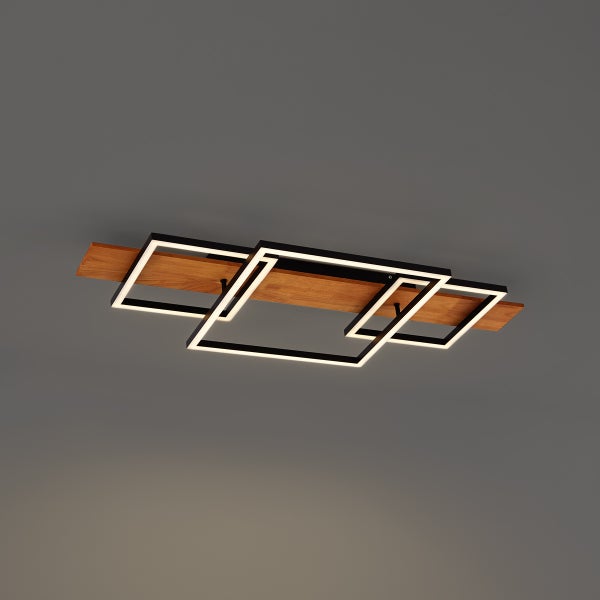 Moderne LED Deckenleuchte mit eckigen Rahmen aus Holz und Metall für eine elegante Beleuchtung.