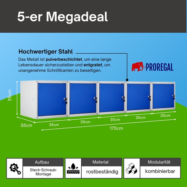 5er-Set blaue Schließfachwürfel von PROREGAL aus Stahl. Maße: 175 Zentimeter breit, 35 Zentimeter hoch. Rostbeständig und modular.