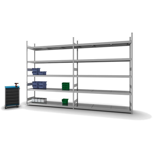 PROREGAL Weitspannregal Stecksystem T-Profil Grundregal HxBxT 300x225x60 cm 5 Ebenen Stahlplatten Fachboden Fachlast 350 kg Verzinkt