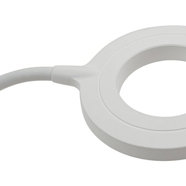 Nahaufnahme eines weißen ringförmigen Lampenkopfs mit flexiblem Arm.