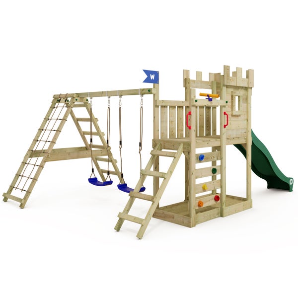 WICKEY Spielturm GateFlyer mit Kletteranbau, Doppelschaukel und Rutsche - grün