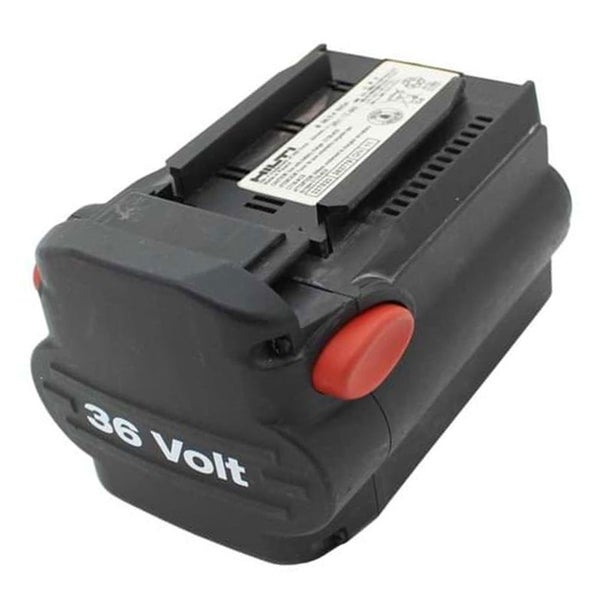 Hilti Akku 36 Volt aus schwarzem Kunststoff mit roten Tasten.