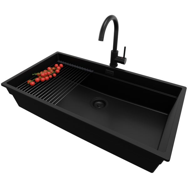 PRIMAGRAN Unterbauspüle Granit Alles Schwarz 86x47cm, Spülbecken 1 Becken + Küchenarmatur 32x20cm + Ablauf-Set + Aufrollbare Abtropffläche, Granitspüle ab 90er Unterschrank - Praga