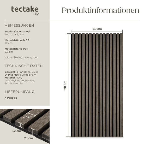 Produktinformationen zu einer Wandverkleidung aus MDF und Echtholzfurnier mit den Maßen 60 mal 120 Zentimeter.