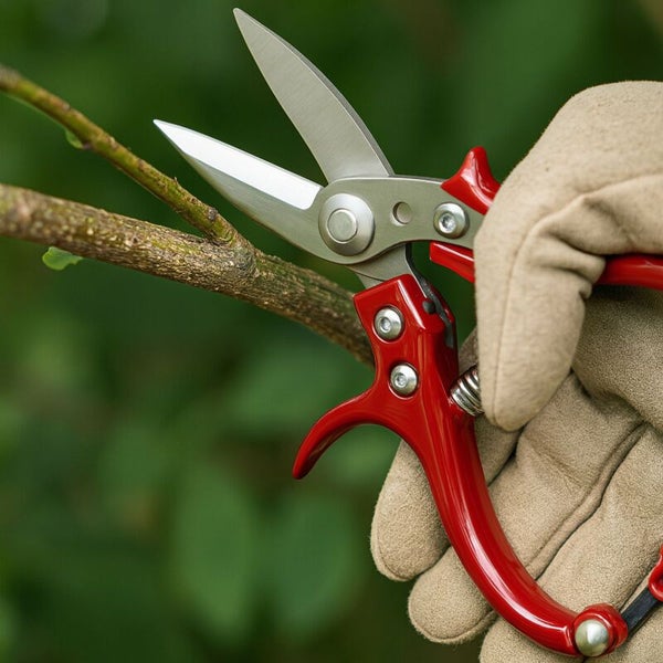 Gartenschere schneidet einen Ast, während eine Hand mit Gartenhandschuh sie hält.