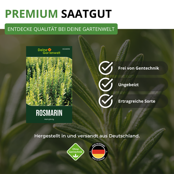 Deine Gartenwelt Logo, Premium Saatgut für Rosmarin, mehrjährig, gentechnikfrei, ungebeizt, ertragreich, hergestellt in Deutschland.