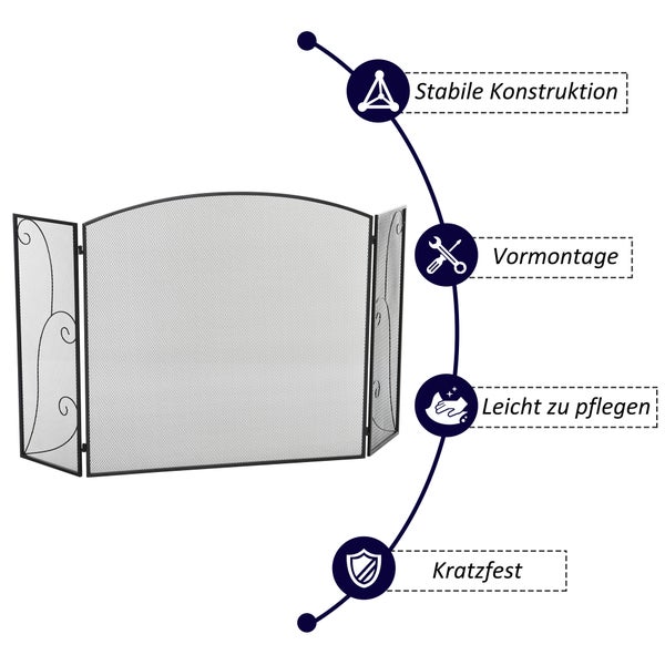 HOMCOM Kamingitter, Kaminschutzgitter mit 3 Paneelen, Klappbares Funkenschutzgitter, Ofenschutzgitter für Wohnzimmer, Metall, Schwarz 132,5 x 76,5cm