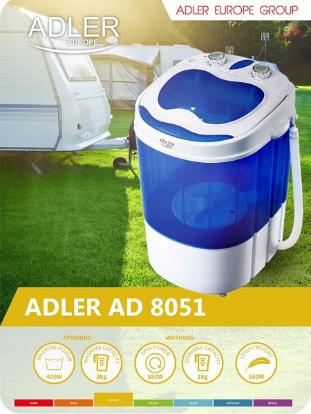 JUNG ADLER AD8051 Mini Waschmaschine mit Schleuder blau, Waschautomat bis 3 KG, Reisewaschmaschine, Miniwaschmaschine, Camping Mobile Waschmaschine, Toploader (1 Kammer)