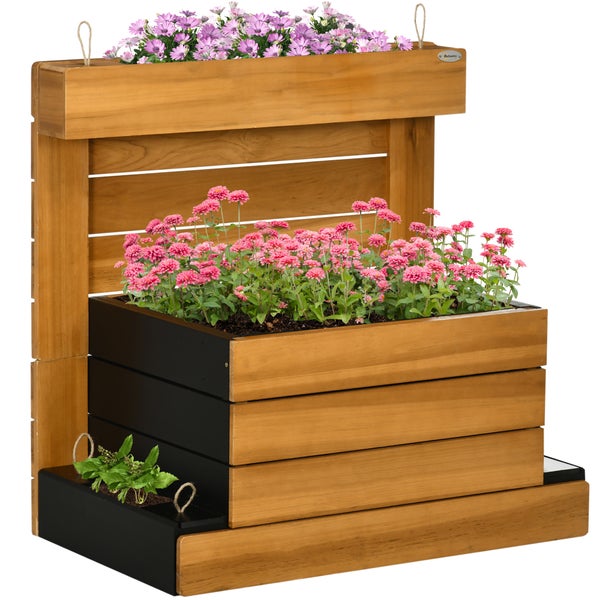Outsunny Hochbeet mit 4 Pflanzkästen, Blumenkasten mit Selbstbewässerungssystem, Vliesauskleidung für Garten, Terrasse und Balkon, Holz, Braun, 79,5 x 49,5 x 80 cm