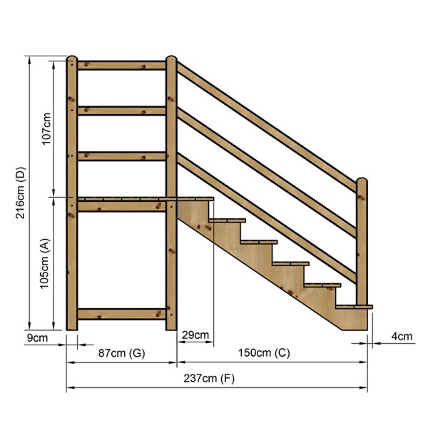 Technische Zeichnung einer Holztreppe mit Maßen