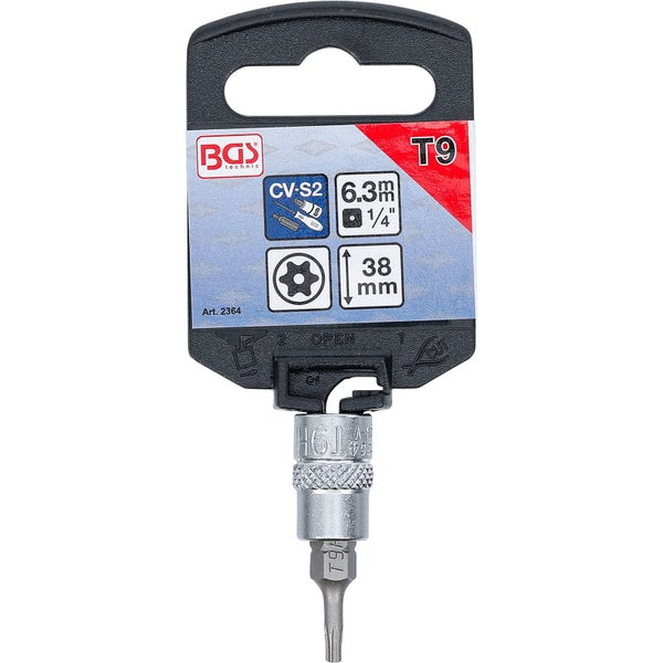 BGS Bit-Einsatz Antrieb Innenvierkant 6,3 mm (1/4) T-Profil (für Torx) mit Bohrung T9 - 2364