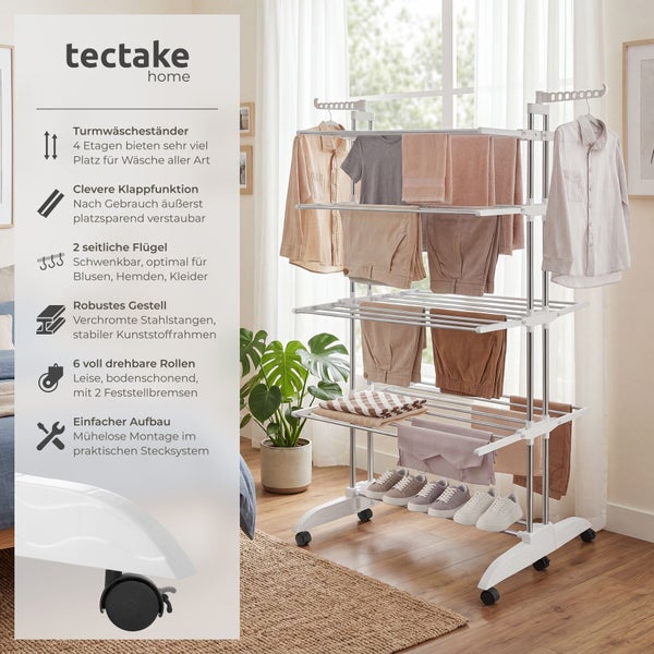Tectake Home Turmwäscheständer mit 4 Ebenen, klappbaren Seitenflügeln, verchromten Stahlstangen und 6 Rollen in einem Wohnraum.