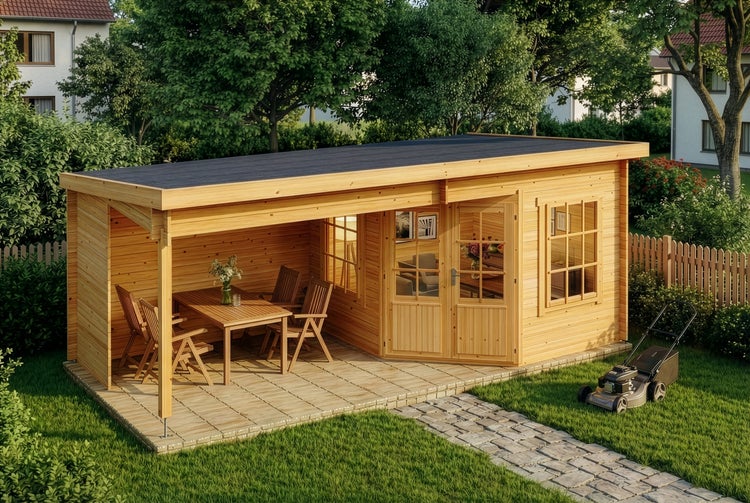 Modernes Gartenhaus aus Holz mit Flachdach, überdachter Terrasse mit Sitzgruppe und Doppeltür mit Sprossenfenstern.