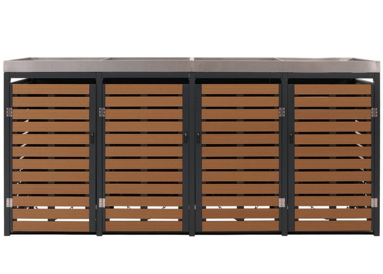 Vierer Mülltonnenbox mit Pflanzwanne aus Edelstahl und braunen Lamellen sowie einer grauen Mülltonne.