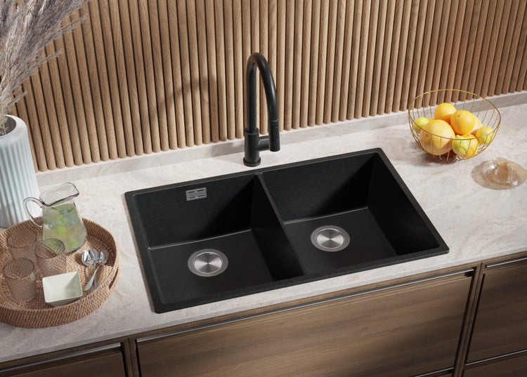 PRIMAGRAN Spülbecken Anthrazit 76x47cm, Granitspüle 2 Becken + Ablauf-Set, Küchenspüle ab 80er Unterschrank - London Slim Twin