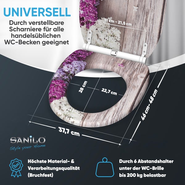 Sanilo WC Sitz mit Blumen Motiv und Holzoptik inklusiv verstellbaren Scharnieren und Maßangaben für gängige Toiletten
