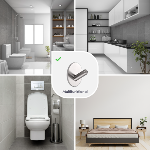 Kollage verschiedener Wohnräume mit Fokus auf einen Multifunktionshaken.