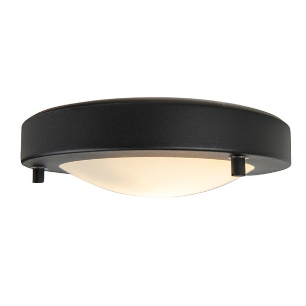 Runde Deckenleuchte mit schwarzem Rahmen und weißem Diffusor, eingeschaltet.