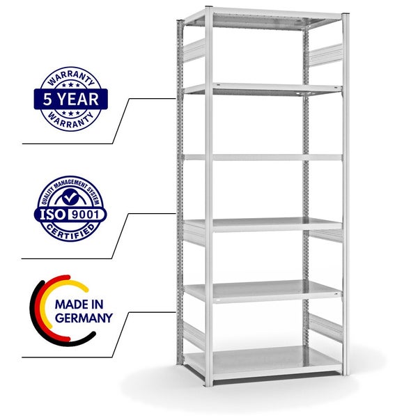 PROREGAL Fachbodenregal Stecksystem T-Profil Heavy-Duty Grundregal HxBxT 250 x 100 x 60 cm 6 Ebenen Fachlast 330 kg Beidseitig Nutzbar Lichtgrau