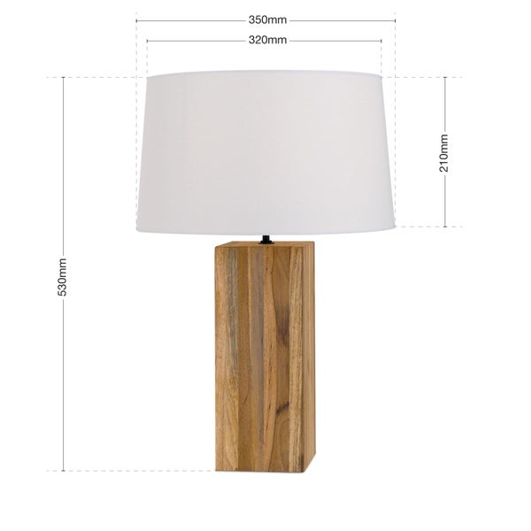 Tischleuchte mit Lampenschirm und Holzfuß, Abmessungen sind dargestellt