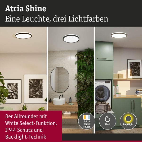 Deckenleuchte Atria Shine in Wohnzimmer, Badezimmer und Waschküche mit White Select Funktion, Schutzart IP44 und Backlight Technik.