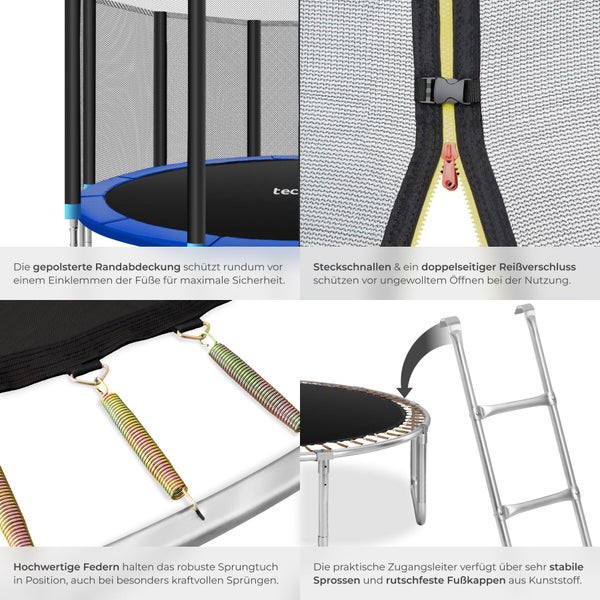 Collage von Trampolin-Details: gepolsterte Randabdeckung, Sicherheitsnetz mit Reißverschluss und Schnalle, Stahlfedern sowie eine Einstiegsleiter.