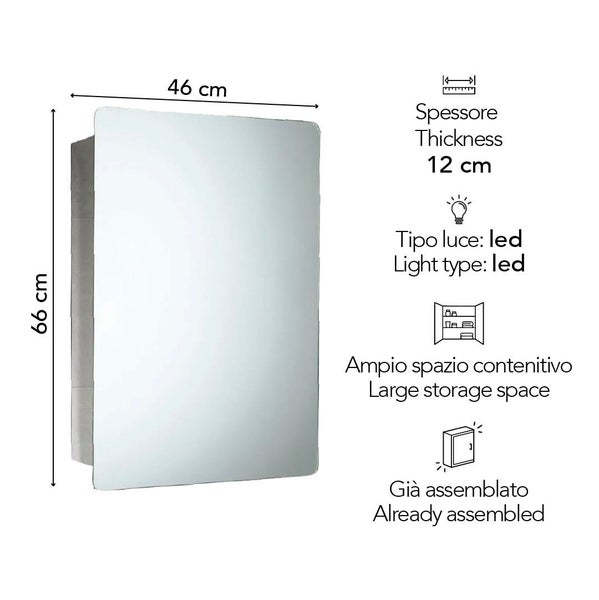 Spiegelschrank fürs Badezimmer mit LED-Beleuchtung, 46 Zentimeter breit, 66 Zentimeter hoch, 12 Zentimeter tief, vormontiert mit Stauraum.