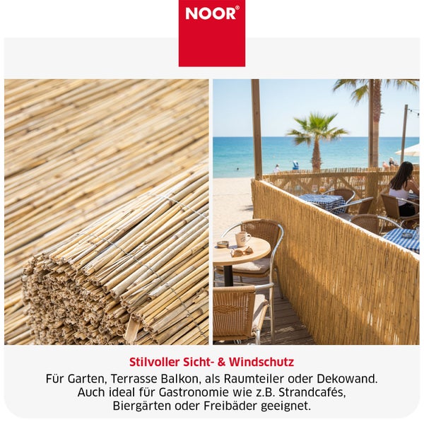 Noor Sichtschutzmatte aus Schilfrohr als dekorativer Windschutz für Balkon Terrasse Garten oder Gastronomie inklusive Anwendungsbeispielen.
