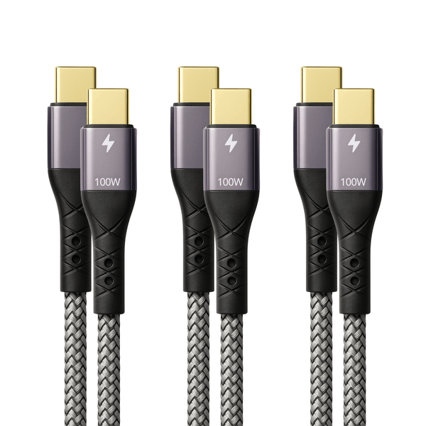 ProfiPatch USB C Kabelset 100W PD 3.0 5A E-Mark Chip 0,5m+1m+2m grau Goldkontakt Textil