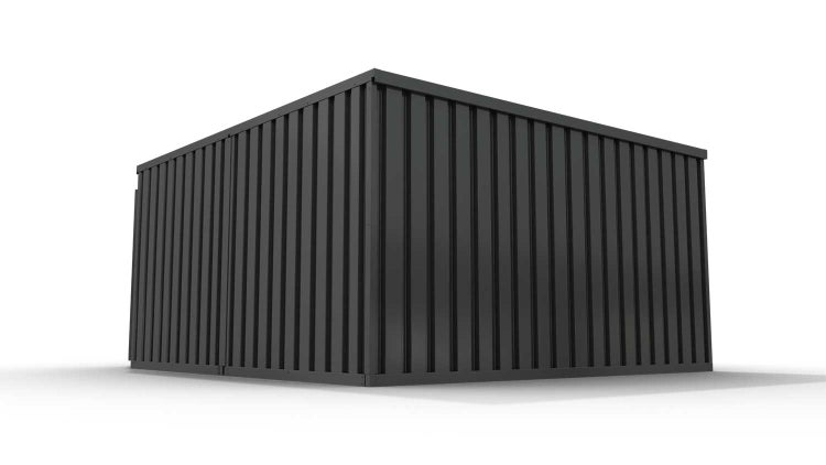 Lagercontainer Gerätehaus XL2  – 21 qm, H2150 x B5080 x T4340 mm, Außenwandlackierung anthrazit, Dach außen verzinkt, mit Holzfußboden, 1270 mm Einflügeltür mittig in Breitseite, montiert