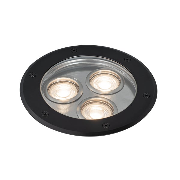 LED-Bodeneinbaustrahler rund in Schwarz mit drei Leuchtmitteln für den Außenbereich.