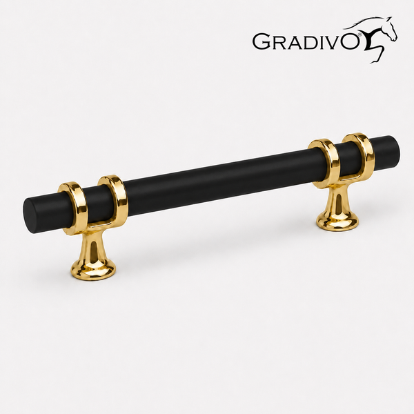 Möbelgriff von Gradivo, schwarzer matter Stab mit goldglänzenden Halterungen. Gradivo Logo.
