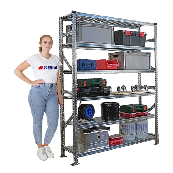 Stahlregal mit mehreren Ablagen, gefüllt mit verschiedenen Aufbewahrungsboxen und Werkzeugen, daneben eine Frau